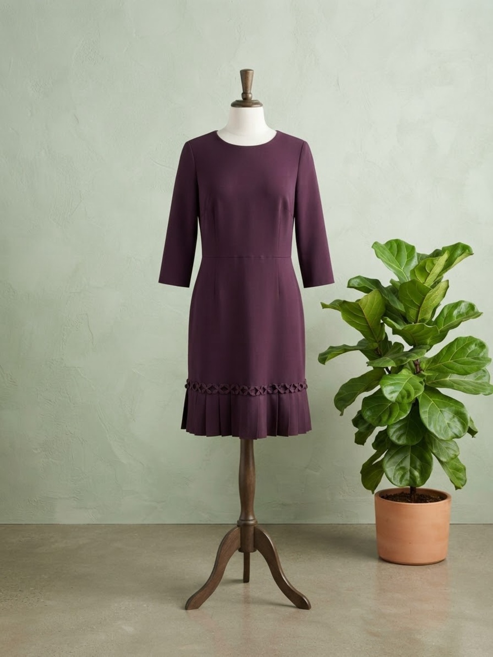 Plum Three-Quarter Sleeve Midi Dress with Pleated Hem